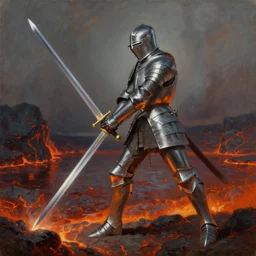 knight in armor drawing a sword from a lava lake. by Daniel F. Gerhartz, hyperrealistic oil painting, 4k, studio lightning