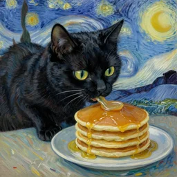 black cat with one eye stealing pancakes oil painting by vincent van gogh