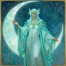 pearlescent turquoise moon sorcerer, character design, painting by gaston bussiere, craig mullins, greg rutkowski, alphonse mucha