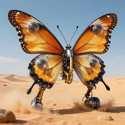 mechanical butterfly robot machine in the desert, dome portholes, brass pipes, wires, detailed illustration, concept art, dynamic colour palette, highly detailed, high contrast, strong lighting