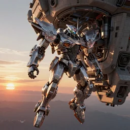 extremely detailed mech battle seen from a air ship , stunning volumetric light, sunset, metal, concrete and translucent material, stunning skies, trending on Artstation, 8k, photorealistic, hyper detailed, unreal engine 5, IMAX quality, cinematic, epic lighting, in the style of Greg Rutkowski