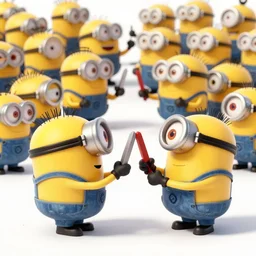 two armies of cute Minions fighting in an epic battle, concept art, sharp lighting, 4k, detailed, Peter Jackson, Ridley Scott, bright colors