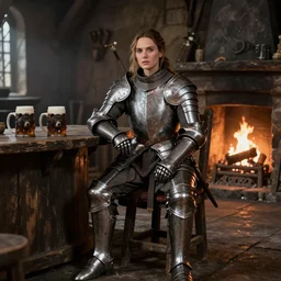 kate beckinsale weared in full plate armor, sit in fantasy tavern near fireplace, behind bar deck with bear mugs, medieval dnd, by Aleksander Karcz