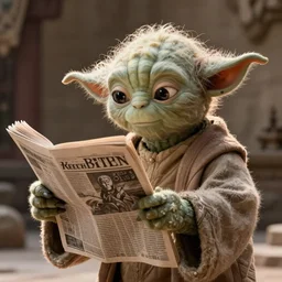a beautiful ultradetailed fine art photo of yoda reading a newspaper in a monastery, by tom bagshaw and zach sutton, backlight, 5 0 mm lens, closeup shot, bokeh, golden ratio composition, sunset golden hour hues, very detailed, artstation, 8 k, highly coherent