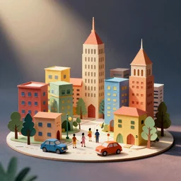 paper craft diorama of a colorful city with people and cars