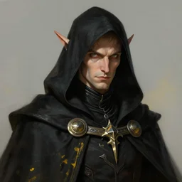 portrait of a mysterious and cunning male high elf inquisitorial agent wearing a black hooded agent's cloak with bits of yellow, by Raymond Swanland Greg Rutkowski Lise Deharm, intricate, masterpiece, sharp, digital art, full head, ArtStation, CGStation, 8k