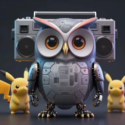 high quality 3 d render very cute cyborg owl! with boombox, cyberpunk highly detailed, unreal engine cinematic smooth, in the style of blade runner & detective pikachu, hannah yata charlie immer, moody light, low angle, uhd 8 k, sharp focus