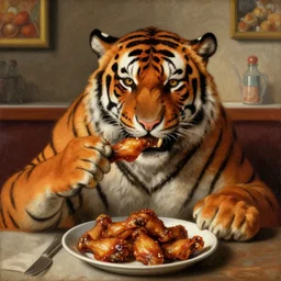 tony the tiger eating hot wings in a cafeteria, baroque painting, closeup,
