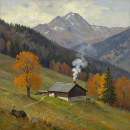 an alpine landscape with a cottage, smokey chimney, fall, by edward hopper, new artstation artist,