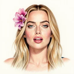 full body hyper realistic pencil drawing of margot robbie by ruan jia and miho hirano, colorful, majestic, open wide eyes, tear drops, flowers on hair, glowing light orbs, intricate concept art, elegant, digital painting, smooth, sharp focus, ethereal opalescent mist, outrun, vaporware, cyberpunk darksynth, ethereal, ominous, misty, 8 k, rendered in octane
