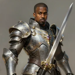 portrait of kanye west as an over powered magic lord knight with futuristic upgrades to his armor and long sword, elegant, intricate, headshot, highly detailed, digital painting, artstation, concept art, sharp focus, illustration, art by petros afshar