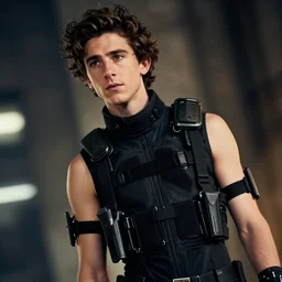 portrait photograph of TIMOTHEE CHALAMET wearing provocative techwear, enhanced sharpness, harnesses and garters, tactical vests and holsters, retrofuturism, brutalism, cyberpunk, sigma 85mm f/1.4, 15mm, 35mm, tilted frame, long exposure, 4k, high resolution, 4k, 8k, hd, close up, highly detailed, full color, harsh light and shadow, intoxicatingly blurry
