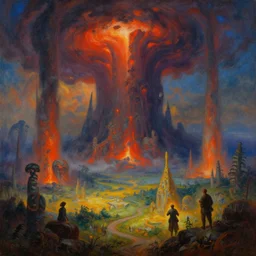 beautiful vivid dangerous alien landscape with evil looming with giant geysers, by roger dean, by anton fadeev, by albert bierstadt, magical realism, oil on canvas, soft render, octane, artstation