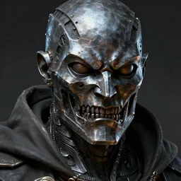 a menacing iron detailed human male face made of steel wearing cloak strong jawline epic detailed and intricate digital painting trending on artstation by wlop octane render