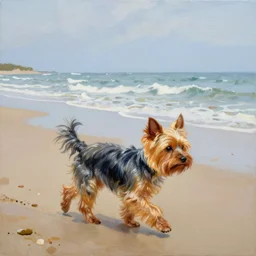 a yorkshire dog walking over the beach painted by Buchholz, Quint