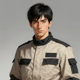 Anime portrait of a man by Artgerm, he is about 30 years old, short black hair with bangs, his features are a mix between French, Turkish and Russian and he is wearing a beige and black utility jumpsuit, highly detailed portrait, digital painting, artstation, concept art, smooth, sharp foccus ilustration, Artstation HQ