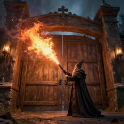 A wizard launching a fireball at a giant wooden gate, 4k, highly detailed, octane render, vray, cinematic lighting