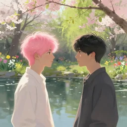 pink haired young asian man backlit staring at black haired young asian man from across a pond, by alan lee, muted colors, springtime, colorful flowers & foliage in full bloom, sunlight filtering through trees & skin, digital art, art station cfg _ scale 9