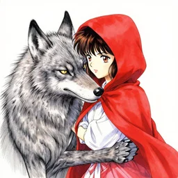 portrait of a beautiful little red riding hood lovingly embracing a werewolf, pen and ink, intricate line drawings, by Yoshitaka Amano, Ruan Jia, Kentaro Miura, Artgerm, watercolor