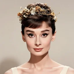 fine art photo of audrey hepburn, she has a crown of dried flowers, by oleg oprisco