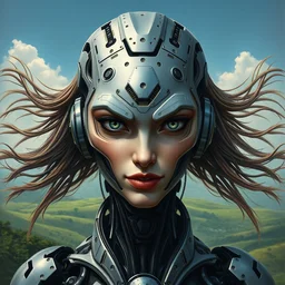 perfectly centered portrait, front view of a beautiful biomechanical android alien robot sri lankan landscape, female, flowing hair, intense stare, sarcastic smile, symmetrical, concept art, intricate detail, volumetric shadows and lighting, realistic oil painting by tim hildebrandt,