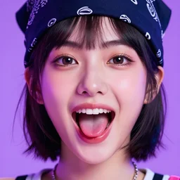 beautiful Girl with a bandana, big mouth, big eyes, short black hair, in a neon style, close up