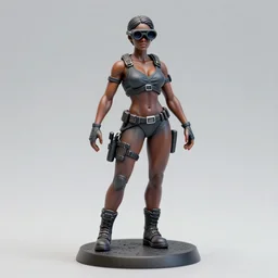 80mm resin detailed miniature of a beautiful muscular black female, clothed in stealth armor, night-vision goggles, tanned skin, skin head, beautiful bone structure, symmetrical facial features, Product Introduction Photos, 4K, Full body