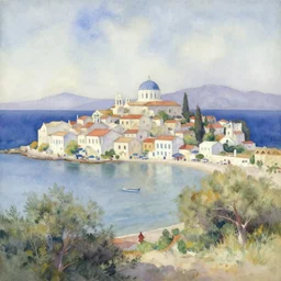 old greek town by the sea on a hot summer day, watercolor painting, morandi color palette, very beautiful masterpiece by a very talented artist, extremely detailed stunning, dreamy, melancholy , poetic, nostalgic
