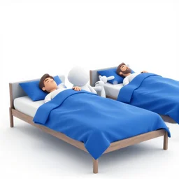 3 d rander of a man sleeping in a blue bed in a white void