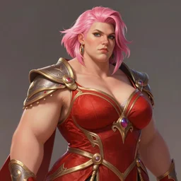 painted portrait of rugged thick beautiful roided zarya from overwatch wearing red dress, short pink hair, upper body, robe fantasy intricate elegant highly detailed digital painting, artstation, concept art, smooth, atmospheric lighting sharp focus illustration art by craig mullins greg rutkowski