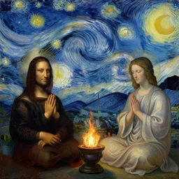 holy heat by leonardo davinci and monet, trending on artstationhd, highly detailed, starry night background, beautiful painting, prayers, meditation, halos