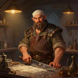 Portrait of a butcher at his butcher shop in World of Warcraft, cover art, ultra wide lens shot, pretty, beautiful, DnD character art portrait, matte fantasy painting, DeviantArt Artstation, by Jason Felix by Steve Argyle by Tyler Jacobson by Peter Mohrbacher, cinematic lighting