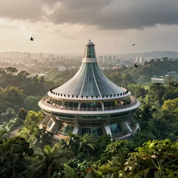 extreme wide shot a flock of bird sitting on top of futuristic containment building in a rainforest valley with a city in the distance, national geographic, hyper realistic, 4 k, warm light, the will to endure, artstation