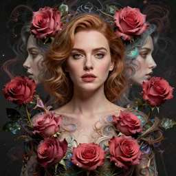 perfectly - centered!! looking camera!! symmetrical!! portrait of christina hendricks with roses, baroque, roses, intricate abstract upper body intricate artwork, by tooth wu, wlop, beeple, dan mumford. concept art, octane render, deviantart, greg rutkowski, cinematic arthouse, key art, hyper realism, iridescent accents