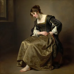 painting by edmund blair leighton of a beautiful young woman in medieval clothes, looking down at her feet with a confused expression, touching her waist with her hand, Zeiss 150mm f2.8 Hasselblad, award-winning photo
