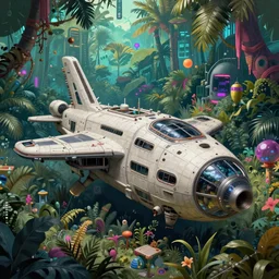 a beautiful highly detailed matte painting of an abandoned spaceship in a groovy jungle with cyberpunk colors by Jose Daniel Cabrera Pena and Leonid Kozienko, Noah Bradley concept art
