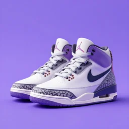 nike air jordans, high tops, plain purple background, 3 d, render, realistic