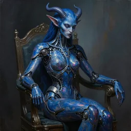 neoclassicist renaissance portrait of singularity blue demon seated, with high tech body interface. iridescent textures. highly detailed fantasy science fiction painting. highly detailed fantasy science fiction painting by vrubel and chris cunningham. dark and volumetric. artstation