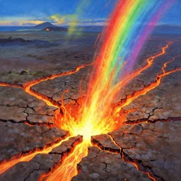 ground cracked open, fissures, magma glow, fire, destruction, incandescent leylines, rainbow multicolored, landscape painting by chuck jones makoto shinkai