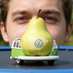 a volkswagen type - 2 microbus as a pear on a trampoline, close - up of face, distorted