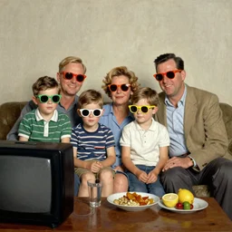 a norman rockwell painting of a classic family watching television wearing brightly colored cheap sunglasses