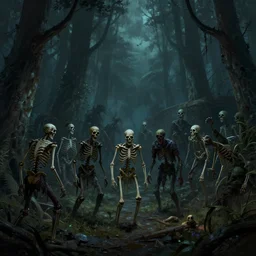 dozens of dangerous skeletons and zombies in a forest at night, dnd, concept art, fantasy art, 4 k, artstation