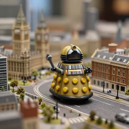 high quality presentation photo of a detailed miniature diorama of toy daleks invading a very detailed model of London City, photography 4k, f1.8 anamorphic, bokeh, 4k, Canon, Nikon