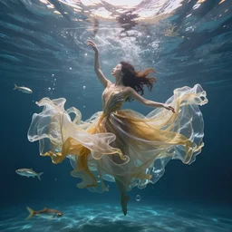 a beautiful young woman in the distance dances and whirls underwater wearing a dress made of many very long layers of thin sheer gold and silver fabrics flowing in the fast current, swirling schools of silver fish, bubbles, swirling smoke shapes, octane render, bright caustics lighting from above, fantasy