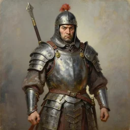 oil painting, a serious warrior in funny armor, bathos