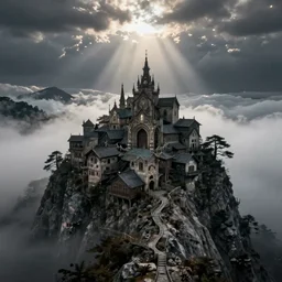 an old town located at the tip of a rocky mountain, under the clouds and fog, dramatic atmosphere, sun rays penetrating the clouds, highly detailed, cinematic lighting, perfect composition, 4 k, dark fantasy, intricate, elegant, highly detailed, digital painting gustave dore, derek zabrocki, greg rutkowski, belsinski, octane render