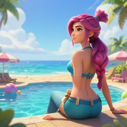 beautiful render of pool party Caitlyn (league of legends) looking at the horizon  in a hawaii beach, 3d, octane render, realistic, highly detailed, trending on artstation