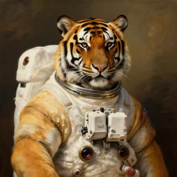 tiger cosmonaut, proudly posing for a portrait, painted by rembrandt, intricate, detailed, atmospheric lighting, golden hour.