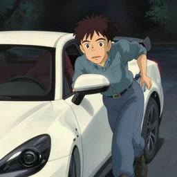 a 50 year old brunnete chinese man getting into a white fast car, horror scene, dramatic, anime art, Greg Rutkowski, studio ghibli, dramatic lighting