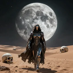 a cyborg dressed in a large cloak walking through a dangerous desert, skull, guardian of the moon, night. close up, in the center, centered, epic, intrincate, volumetric, strange dimension, devianart, by moebius, jean giraud & kilian eng moebius style